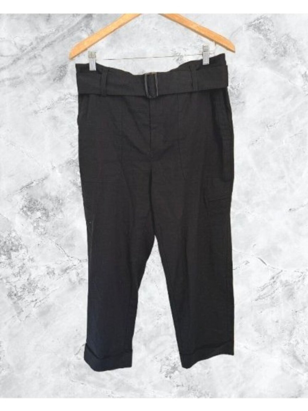 Vince Womens Black Cropped Pants With Belt Linen Blend Size Large